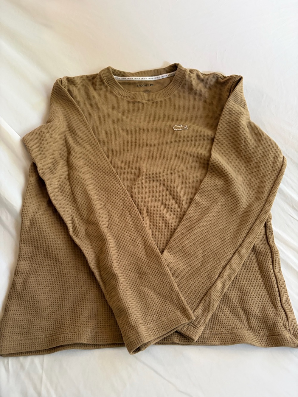 Lacoste Men's Tan Waffle Knit Long Sleeve Crew Sizse L